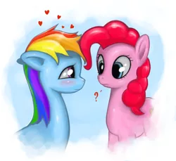 Size: 1272x1165 | Tagged: dead source, safe, artist:shephardadv, derpibooru import, pinkie pie, rainbow dash, earth pony, pegasus, pony, blushing, female, heart, lesbian, looking at each other, mare, pinkiedash, question mark, shipping