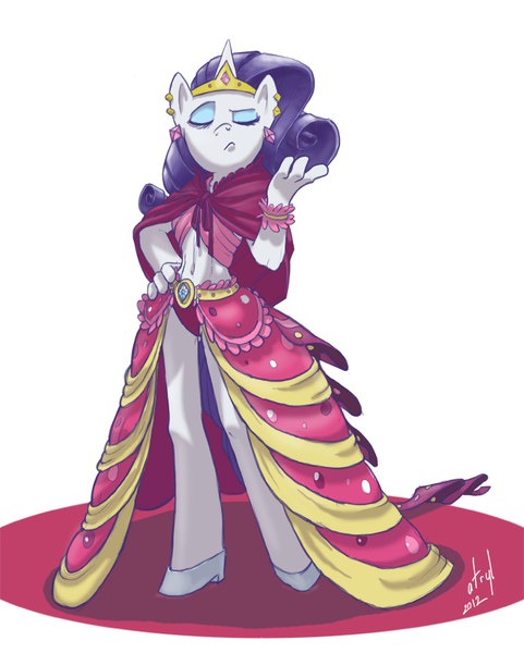 Size: 681x850 | Tagged: safe, artist:atryl, derpibooru import, rarity, anthro, unguligrade anthro, unicorn, belly button, clothes, dress, ear piercing, earring, eyes closed, female, gala dress, glass slipper (footwear), high heels, jewelry, midriff, panties, piercing, pink underwear, shoes, smug, solo, underwear