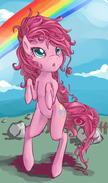 Size: 697x1183 | Tagged: dead source, safe, artist:rustystones, derpibooru import, pinkie pie, earth pony, pony, bipedal, female, filly, foal, looking up, open mouth, rainbow, rock farm, solo, sonic rainboom