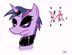 Size: 716x553 | Tagged: safe, artist:saliantsunbreeze, derpibooru import, twilight sparkle, pony, unicorn, alternate cutie mark, alternate hairstyle, collar, eyeliner, eyeshadow, female, goth, horn ring, makeup, mare, simple background, solo, white background