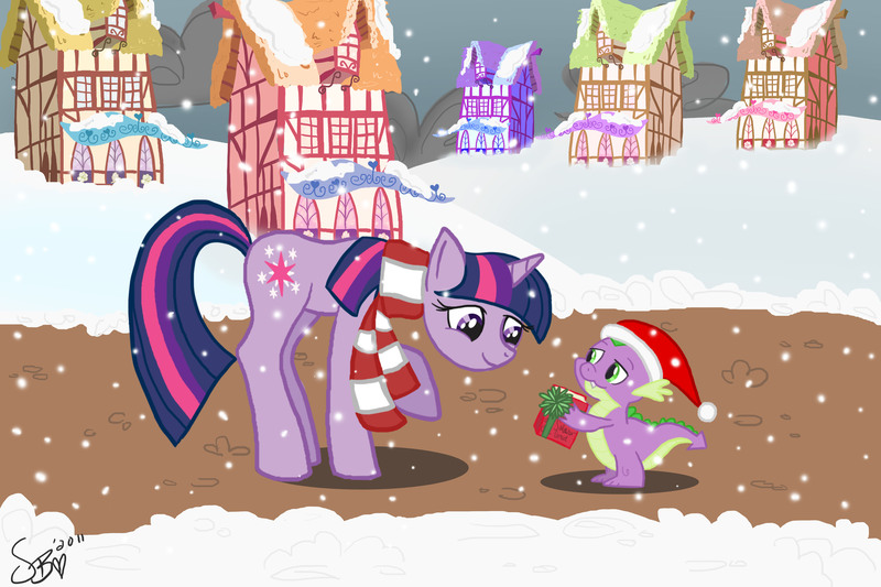 Size: 4500x3000 | Tagged: safe, artist:bronycafe, derpibooru import, spike, twilight sparkle, dragon, pony, unicorn, book, christmas, clothes, female, male, mare, photoshop elements, ponyville, present, raised hoof, scarf, smiling, snow, snowfall, unicorn twilight