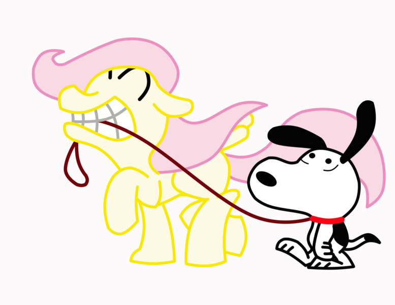 Size: 1280x989 | Tagged: safe, artist:toonfreak, derpibooru import, fluttershy, pegasus, pony, crossover, female, floppy ears, leash, mare, mouth hold, peanuts, simple background, snoopy, walking