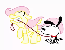 Size: 1280x989 | Tagged: safe, artist:toonfreak, derpibooru import, fluttershy, pegasus, pony, crossover, female, floppy ears, leash, mare, mouth hold, peanuts, simple background, snoopy, walking
