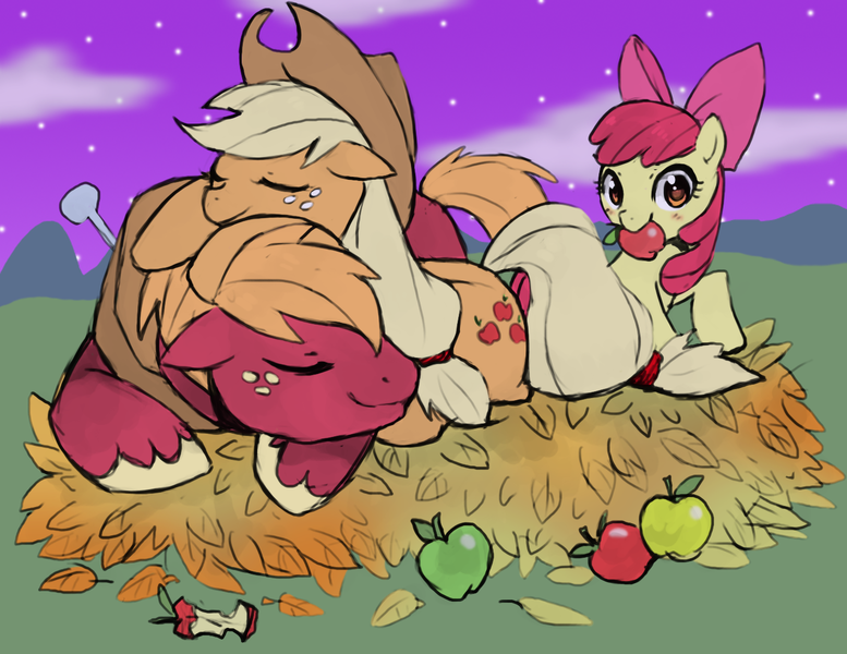 Size: 1451x1121 | Tagged: dead source, safe, artist:suikuzu, derpibooru import, apple bloom, applejack, big macintosh, earth pony, pony, apple, apple core, apple siblings, colored, female, filly, male, mare, mouth hold, night, sleeping, stallion