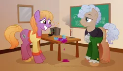 Size: 864x504 | Tagged: safe, artist:lissystrata, derpibooru import, doctor whooves, time turner, ponified, earth pony, pony, broken, chalkboard, chemicals, doctor who, duo, female, jo grant, jon pertwee, male, mare, math, numbers, photoshop, shattered glass, signature, stallion, table, test tube, third doctor