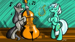 Size: 4464x2480 | Tagged: safe, artist:saliantsunbreeze, derpibooru import, lyra heartstrings, octavia melody, earth pony, pony, unicorn, bipedal, cello, duo, eyes closed, female, lyre, mare, music, musical instrument