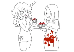 Size: 550x385 | Tagged: apron, artist:cabyowl, black and white, blood, breasts, clone, clothes, cupcake, derpibooru import, dress, eating, fanfic:cupcakes, female, food, grayscale, human, humanized, implied murder, neo noir, partial color, pinkamena diane pie, pinkie pie, platter, semi-grimdark, small breasts