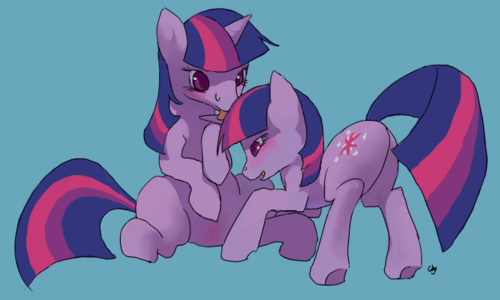 Size: 500x300 | Tagged: suggestive, artist:cabyowl, derpibooru import, twilight sparkle, pony, unicorn, female, hornjob, implied selfcest, mare, self ponidox, selfcest, shipping, simple background, time paradox