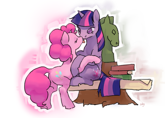 Size: 700x500 | Tagged: safe, artist:cabyowl, derpibooru import, pinkie pie, twilight sparkle, earth pony, pony, unicorn, explicit source, female, golden oaks library, lesbian, licking, mare, shipping, twinkie