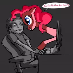 Size: 636x636 | Tagged: suggestive, artist:kush420killa, derpibooru import, pinkie pie, earth pony, pony, ben drowned, computer, don't fap to horses, eye contact, female, fourth wall, looking at each other, mare, the legend of zelda, the legend of zelda: majora's mask