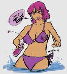 Size: 683x753 | Tagged: artist:moronsonofboron, belly button, berry punch, berryshine, bikini, bottle, bottlecap, clothes, derpibooru import, female, human, humanized, purple swimsuit, safe, side-tie bikini, solo, swimsuit