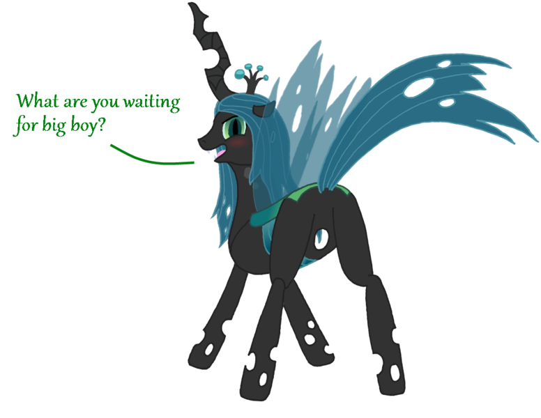 Size: 1100x850 | Tagged: suggestive, artist:hakar-kerarmor, derpibooru import, queen chrysalis, changeling, changeling queen, blushing, bugbutt, butt, dialogue, encouragement, fangs, female, floppy ears, hole, image, looking at you, looking back, open mouth, plot, png, presenting, raised tail, simple background, solo, solo female, tail, transparent background