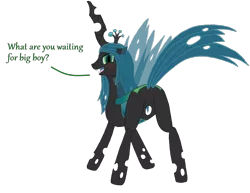 Size: 1100x850 | Tagged: suggestive, artist:hakar-kerarmor, derpibooru import, queen chrysalis, changeling, changeling queen, blushing, bugbutt, butt, dialogue, encouragement, fangs, female, floppy ears, hole, image, looking at you, looking back, open mouth, plot, png, presenting, raised tail, simple background, solo, solo female, tail, transparent background