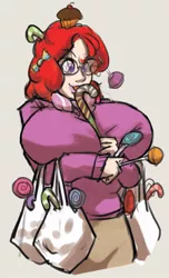 Size: 440x726 | Tagged: artist:moronsonofboron, big breasts, breasts, busty twist, candy, candy cane, cupcake, derpibooru import, female, huge breasts, human, humanized, lollipop, safe, solo, twist