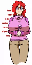 Size: 463x930 | Tagged: artist:moronsonofboron, big breasts, breasts, busty twist, candy cane, derpibooru import, female, huge breasts, human, humanized, safe, simple background, solo, sweater vest, twist