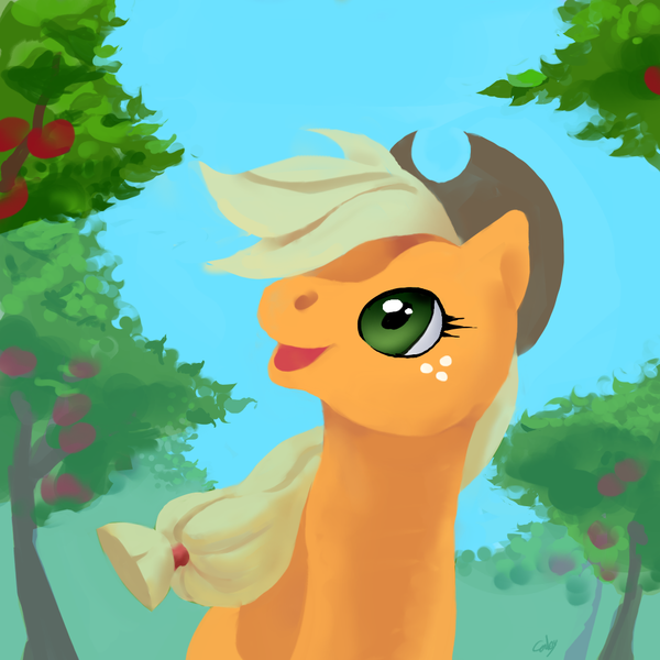 Size: 1000x1000 | Tagged: safe, artist:cabyowl, derpibooru import, applejack, earth pony, pony, apple, apple tree, cowboy hat, female, food, hat, hooves, lineless, mare, open mouth, solo, tree