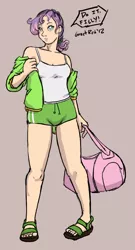 Size: 648x1200 | Tagged: artist:moronsonofboron, bag, derpibooru import, duckface, female, human, humanized, safe, sandals, simple background, solo, sweetie belle