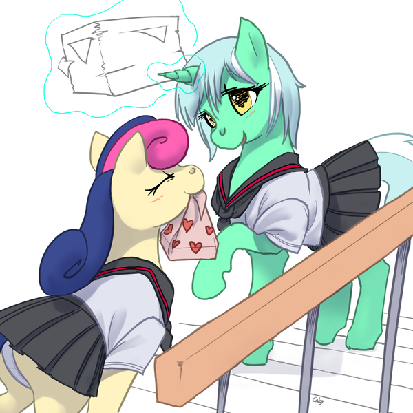 Size: 1000x1000 | Tagged: safe, artist:cabyowl, derpibooru import, bon bon, lyra heartstrings, sweetie drops, earth pony, pony, unicorn, clothes, female, mare, mouth hold, panties, present, sailor uniform, school uniform, skirt, stairs, underwear, upskirt, white underwear