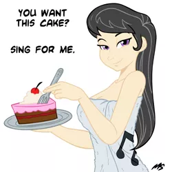 Size: 945x945 | Tagged: artist:megasweet, bedroom eyes, breasts, busty octavia, cake, derpibooru import, do you want this cake, female, human, humanized, looking at you, octavia melody, simple background, solo, solo female, suggestive, towel, white background