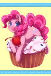 Size: 510x750 | Tagged: dead source, safe, artist:spazzykoneko, derpibooru import, pinkie pie, earth pony, pony, cherry, cupcake, cute, diapinkes, female, food, mare, open mouth, prone, simple background, solo