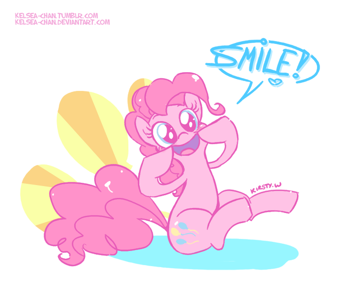 Size: 788x641 | Tagged: safe, artist:kelsea-chan, derpibooru import, pinkie pie, earth pony, pony, abstract background, female, looking at you, mare, sitting, smiling, solo