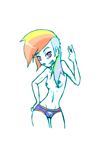 Size: 406x603 | Tagged: artist:equestrian-strumpet, belly button, blue underwear, breasts, briefs, clothes, cutie mark underwear, delicious flat chest, derpibooru import, female, human, humanized, nipples, nudity, panties, pony coloring, questionable, rainbow dash, simple background, skinny, solo, solo female, topless, underwear, white background