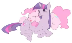 Size: 770x460 | Tagged: safe, artist:cabyowl, derpibooru import, pinkie pie, twilight sparkle, earth pony, pony, unicorn, butt pillow, explicit source, female, lesbian, mare, prone, shipping, simple background, sleeping, twinkie, white background