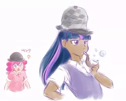 Size: 736x593 | Tagged: artist:kelsea-chan, bubble pipe, deerstalker, derpibooru import, detective, dialogue, female, hat, human, humanized, mmmystery on the friendship express, pinkie pie, pipe, safe, sherlock holmes, simple background, twilight sparkle, white background