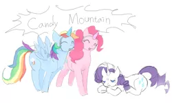Size: 1000x600 | Tagged: safe, artist:cabyowl, derpibooru import, pinkie pie, rainbow dash, rarity, earth pony, pegasus, pony, unicorn, candy mountain, charlie the unicorn, clothes, costume, fake horn, female, mare, parody, simple background, white background