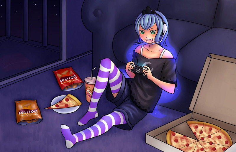 Size: 1280x828 | Tagged: 2010s, 2012, artist:ninjaham, blue hair, clothes, confident, couch, crown, derpibooru import, female, food, gamer girl, gamer luna, glowing hair, headphones, headset, headset mic, human, humanized, jewelry, meat, missing shoes, night, pepperoni, pepperoni pizza, pizza, pizza box, pizza pie, plate, playstation portable, porch, princess luna, psp, regalia, s1 luna, safe, shirt, shorts, sitting, slice of pizza, smiling, socks, starry hair, stockings, striped socks, thigh highs, tomboy