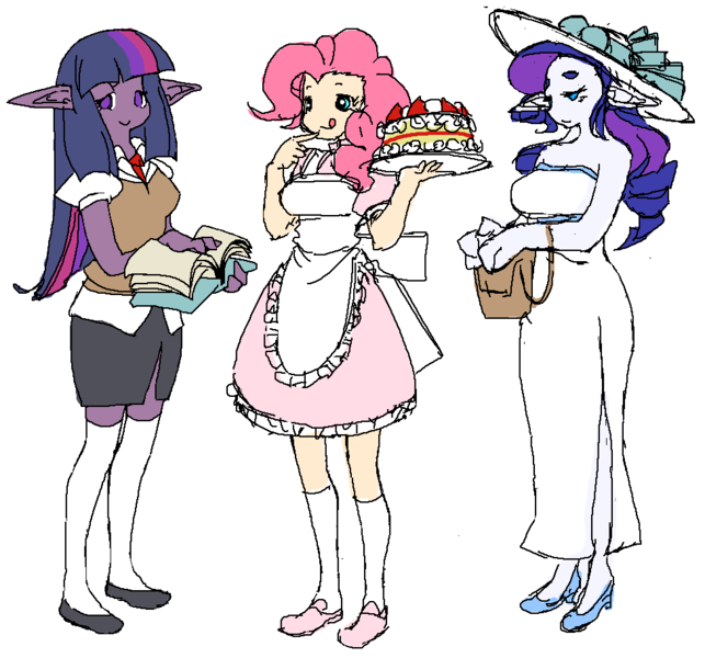 Size: 978x912 | Tagged: artist:cabyowl, bag, book, cake, clothes, derpibooru import, dress, eared humanization, female, hat, human, humanized, pinkie pie, pony coloring, rarity, safe, simple background, skirt, twilight sparkle, white background