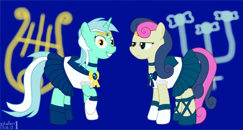 Size: 1576x843 | Tagged: safe, artist:phallen1, derpibooru import, bon bon, lyra heartstrings, sweetie drops, earth pony, pony, unicorn, bon bon is not amused, clothes, cosplay, costume, duo, female, irrational exuberance, mare, sailor moon, sailor scout