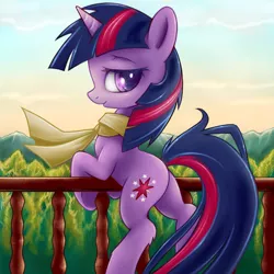 Size: 600x600 | Tagged: safe, artist:rainbow, derpibooru import, twilight sparkle, pony, unicorn, balcony, bedroom eyes, clothes, female, forest, looking at you, mare, plot, profile, scarf, solo, twibutt, unicorn twilight