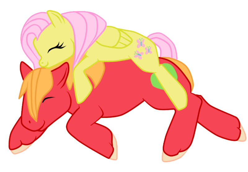 Size: 887x614 | Tagged: safe, artist:kyliesaur, derpibooru import, big macintosh, fluttershy, earth pony, pegasus, pony, female, fluttermac, male, mare, on top, prone, shipping, simple background, sleeping, stallion, straight