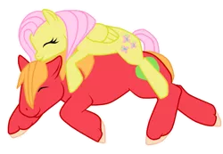 Size: 887x614 | Tagged: safe, artist:kyliesaur, derpibooru import, big macintosh, fluttershy, earth pony, pegasus, pony, female, fluttermac, male, mare, on top, prone, shipping, simple background, sleeping, stallion, straight