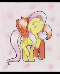 Size: 1282x1565 | Tagged: safe, artist:doodlett, derpibooru import, big macintosh, fluttershy, earth pony, pegasus, pony, abstract background, cute, eyes closed, female, fluttermac, male, mare, neck nuzzle, nuzzling, raised hoof, shipping, shyabetes, stallion, straight, traditional art