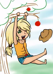 Size: 506x703 | Tagged: apple, applejack, artist:fluffikitten, chibi, derpibooru import, female, food, hanging, human, humanized, one eye closed, safe, solo, tree