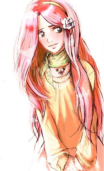 Size: 366x600 | Tagged: artist:yanabau, clothes, derpibooru import, female, flower, flower in hair, fluttershy, human, humanized, safe, scarf, simple background, solo, white background