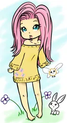 Size: 410x746 | Tagged: angel bunny, artist:fluffikitten, breasts, chibi, clothes, delicious flat chest, derpibooru import, female, flattershy, fluttershy, human, humanized, safe, sweater, sweatershy