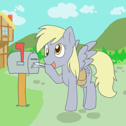 Size: 500x500 | Tagged: safe, artist:ajin, derpibooru import, derpy hooves, pegasus, pony, animated, artifact, cloud, cobblestone street, cute, cutie mark, derp, derpabetes, female, frame by frame, furaffinity, gif, hill, hoof hold, house, letter, mail, mailbox, mare, saddle bag, smiling, solo, spread wings, talking