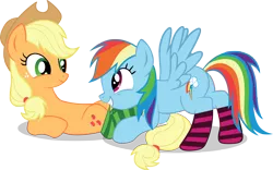 Size: 5000x3117 | Tagged: safe, artist:aweranger, derpibooru import, applejack, rainbow dash, earth pony, pegasus, pony, appledash, clothes, eye contact, female, lesbian, looking at each other, mare, mouth hold, on back, plot, shipping, simple background, socks, striped socks, transparent background, vector
