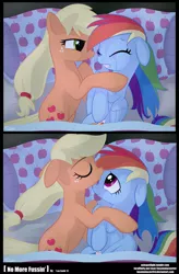 Size: 2036x3100 | Tagged: safe, artist:insomniacovrlrd, derpibooru import, applejack, rainbow dash, earth pony, pegasus, pony, appledash, bed, comforting, comic, crying, female, high res, hug, kissing, lesbian, mare, pillow, shipping, side