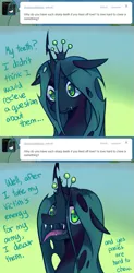 Size: 645x1306 | Tagged: safe, artist:pekou, derpibooru import, queen chrysalis, changeling, changeling queen, ask chrysalis, dialogue, fangs, female, floppy ears, image, implied death, implied murder, looking at you, open mouth, png, solo, tongue out, tumblr