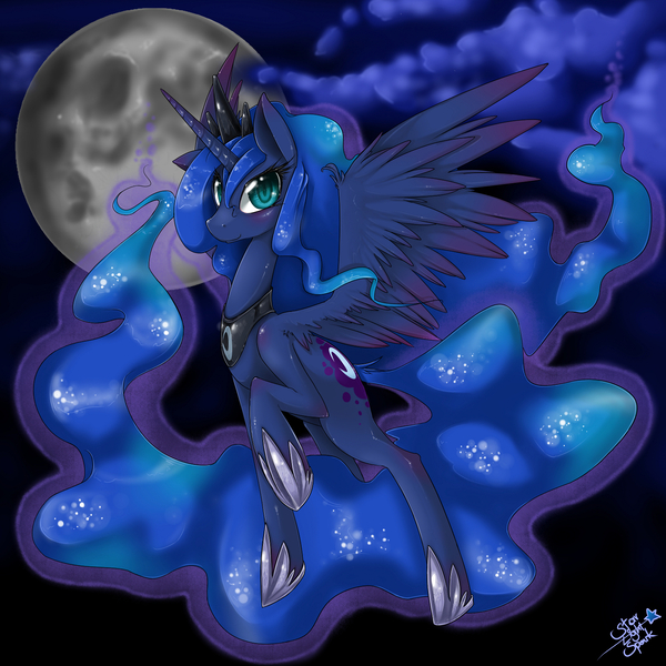 Size: 1500x1500 | Tagged: safe, artist:starlightspark, derpibooru import, princess luna, alicorn, pony, female, flying, full moon, happy, hoof shoes, looking at you, mare, moon, paint tool sai, smiling, solo, spread wings, wings