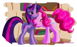 Size: 1216x746 | Tagged: safe, artist:relaxn, derpibooru import, pinkie pie, twilight sparkle, earth pony, pony, unicorn, blushing, book, eyes closed, female, golden oaks library, lesbian, mare, neck nuzzle, shipping, twinkie