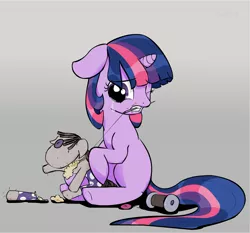 Size: 2477x2311 | Tagged: safe, artist:zev, derpibooru import, smarty pants, twilight sparkle, pony, unicorn, crying, filly, floppy ears, foal, high res, mouth hold, needle, one eye closed, sewing, sitting, thread, younger