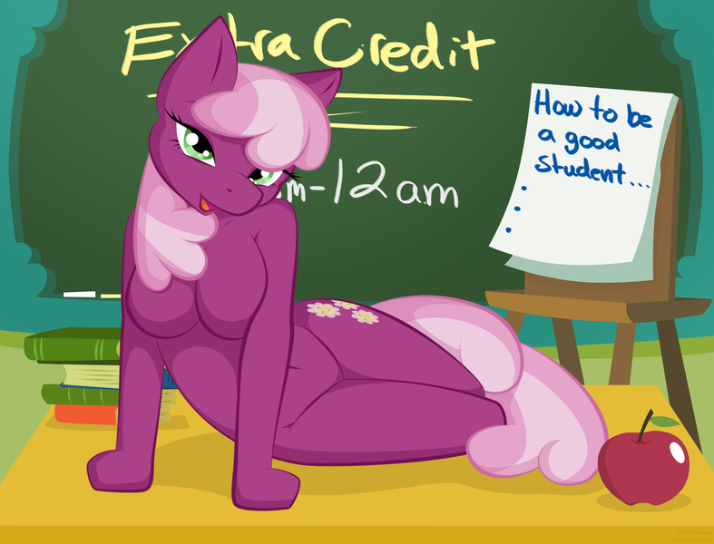 Size: 1728x1318 | Tagged: suggestive, artist:whitmaverick, derpibooru import, cheerilee, anthro, earth pony, apple, arm hooves, barbie doll anatomy, book, breasts, busty cheerilee, chalkboard, classroom, complete nudity, desk, featureless breasts, female, food, looking at you, nudity, side, solo, solo female