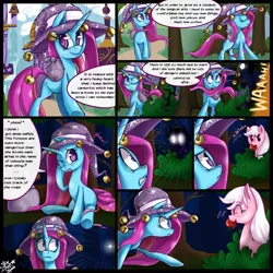 Size: 900x900 | Tagged: safe, artist:starlightspark, derpibooru import, oc, oc:starswirl, unnamed oc, unofficial characters only, earth pony, pony, unicorn, comic:carry on the legacy, apple, comic, female, forest, glowing eyes, hat, looking at each other, mare, paint tool sai, starswirl adventures