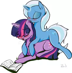 Size: 1923x1965 | Tagged: dead source, suggestive, artist:zev, derpibooru import, trixie, twilight sparkle, pony, unicorn, biting, blushing, book, breath, ear bite, female, hornboner, lesbian, mare, on top, shipping, twixie