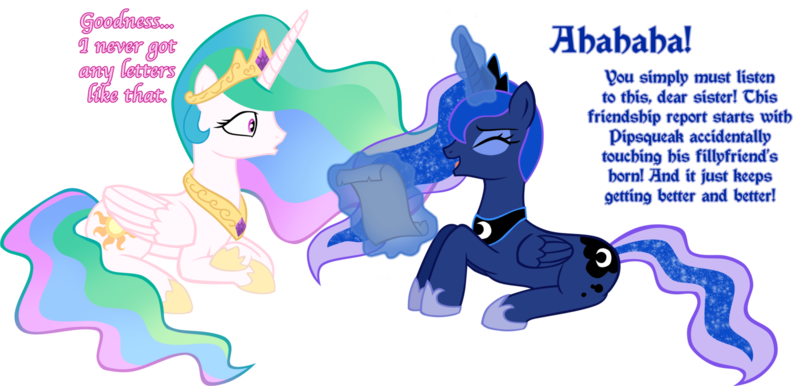 Size: 1600x771 | Tagged: suggestive, artist:ludiculouspegasus, derpibooru import, pipsqueak, princess celestia, princess luna, alicorn, pony, :o, blackletter, duo, duo female, female, friendship report, implied hornjob, laughing, magic, mare, prone, reading, royal sisters, scroll, simple background, sisters, smiling, transparent background, vector, wide eyes